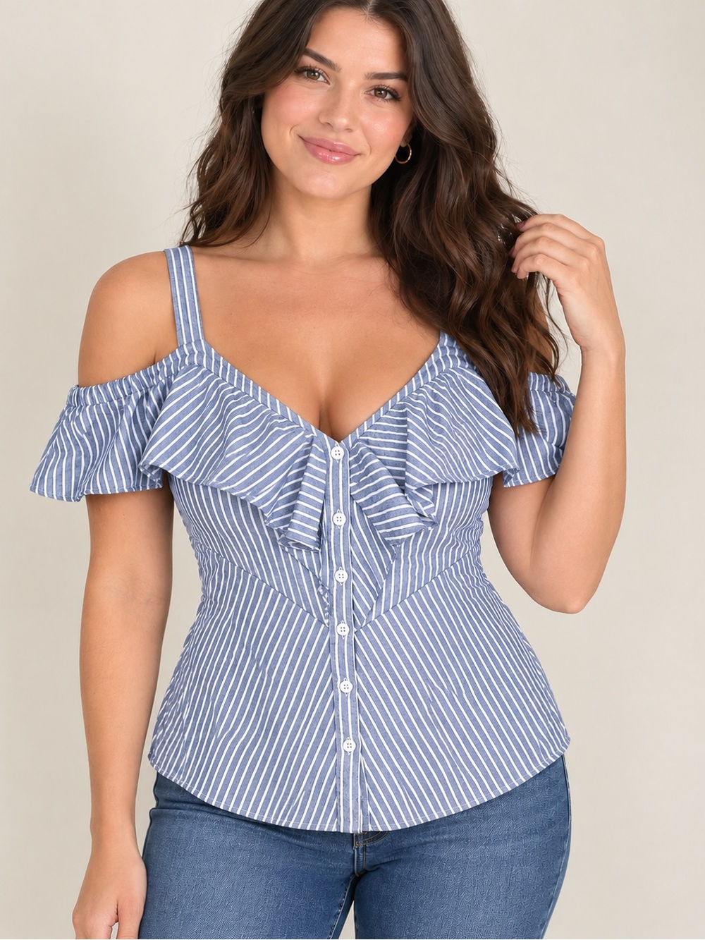 Veronica Beard Blue and White Striped Off the Shoulder Ruffle Button-Front Top